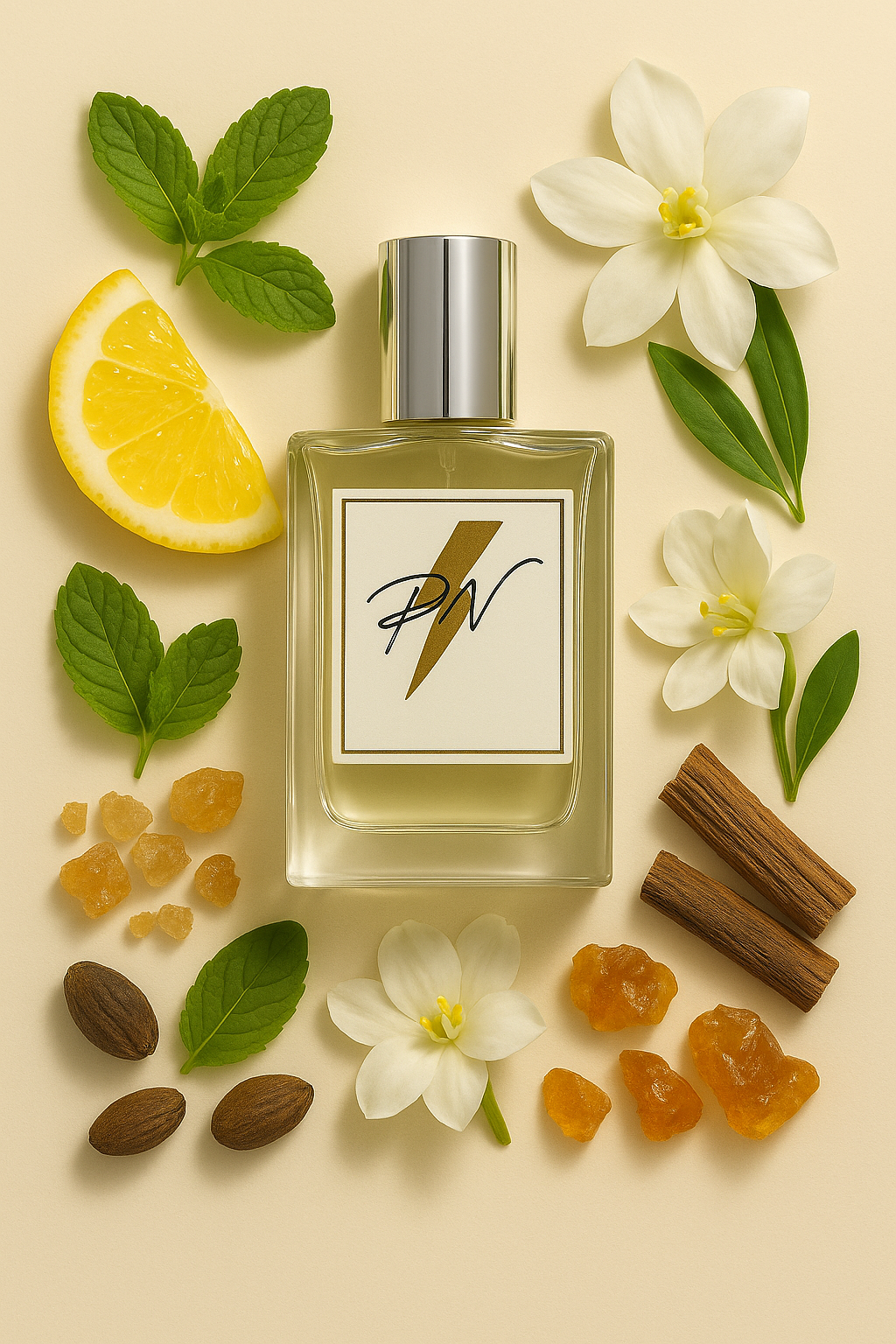 “Parfumnistisch Acqua di Gioia (PN-W075) flacon omringd door geurnoten: Amalfi-citroen, munt, waterjasmijn, ceder uit Virginia, bruine suiker en Franse labdanum”