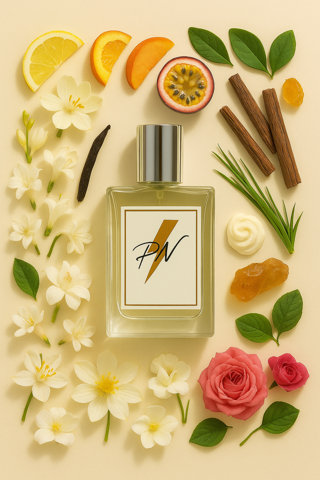 Parfumnistisch Allure (PN-W031) flacon omringd door geurnoten: citroen, mandarijn, perzik, passievrucht, bergamot, kamperfoelie, jasmijn, magnolia, fresia, waterlelie, oranjebloesem, pioenroos, mei roos, vanille, sandelhout, amber, vetiver en patchouli