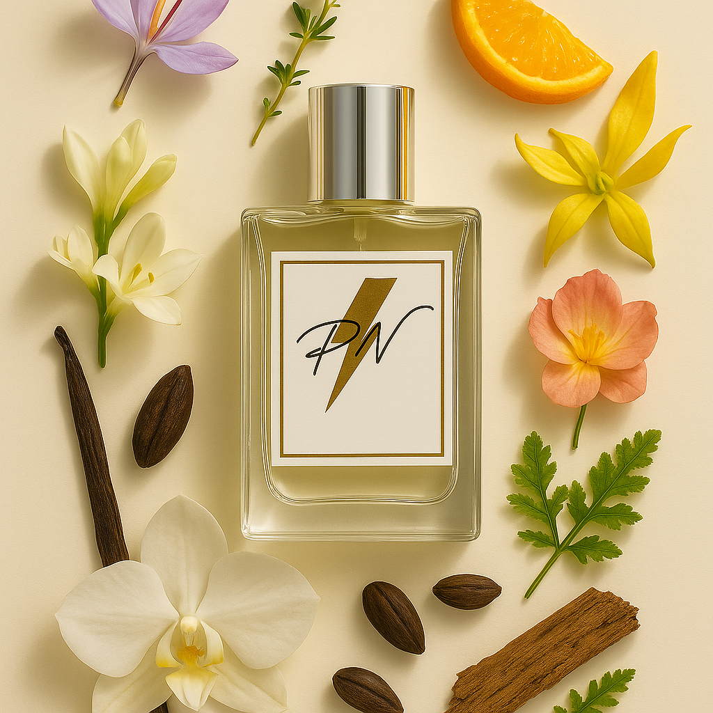 Parfumnistisch Ange ou Demon (PN-W083) flacon omringd door geurnoten: saffraan, tijm, mandarijn, lelie, ylang-ylang, orchidee, vanille, tonkaboon, Braziliaans rozenhout en eikenmos