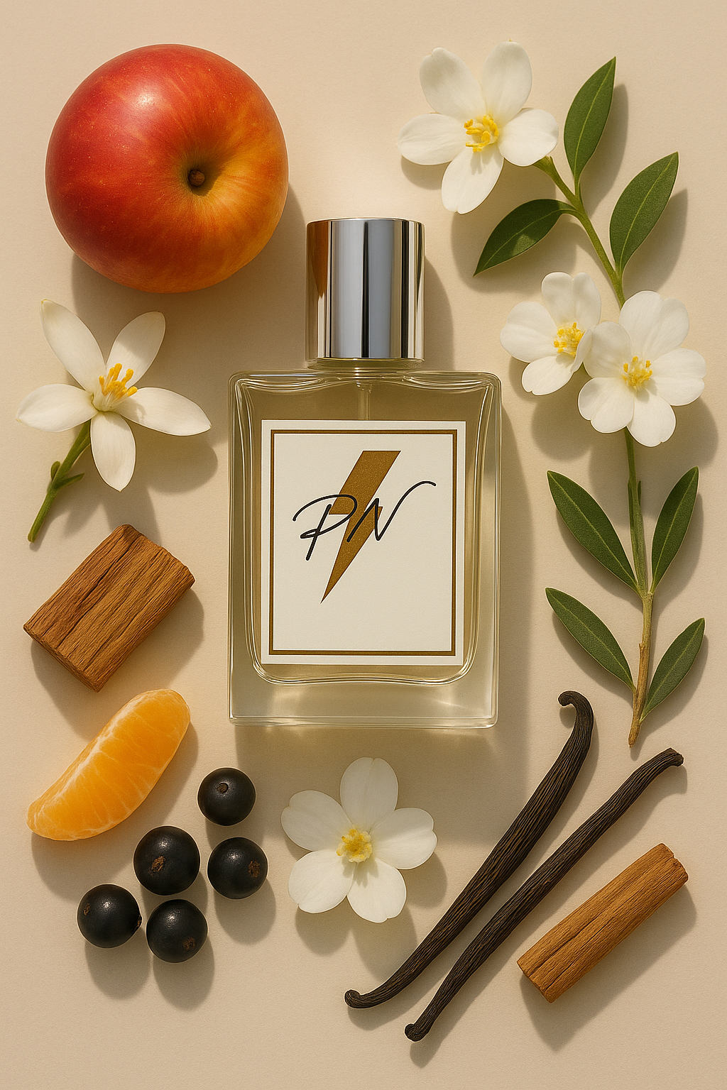 “Parfumnistisch Boss Orange (PN-W100) flacon omringd door geurnoten: rode appel, Afrikaanse oranjebloem, witte bloemen, vanille, sandelhout en olijfboom”