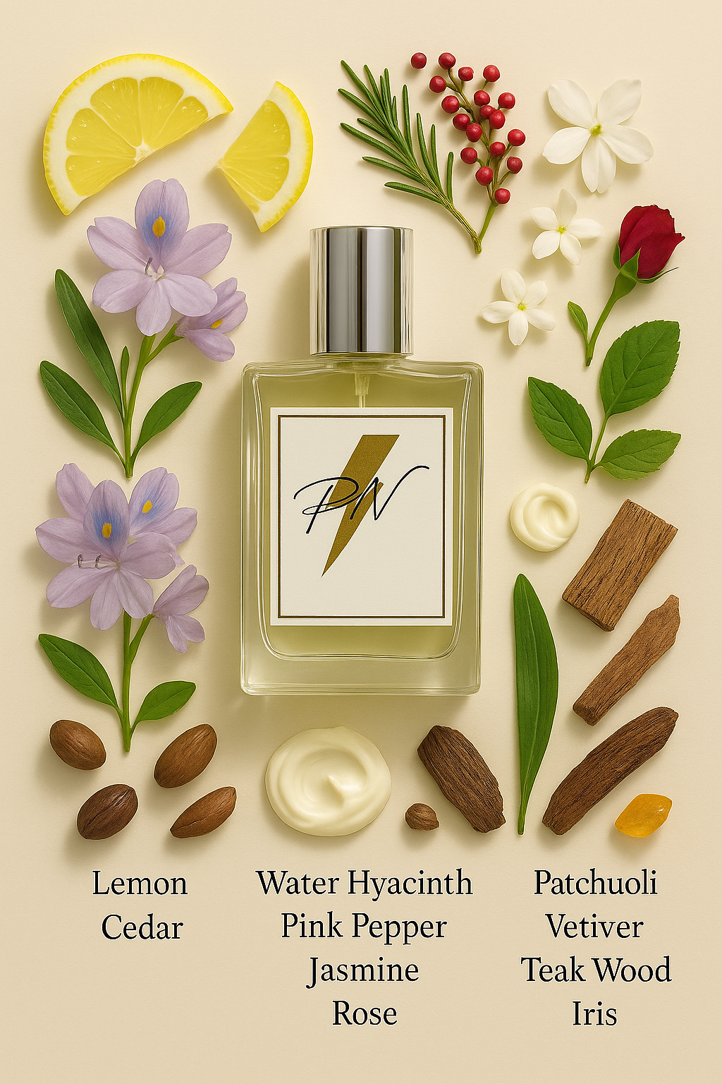 Parfumnistisch Chance Eau Fraîche (PN-W034) flacon omringd door geurnoten: citroen, ceder, waterhyacint, roze peper, jasmijn, witte musk, patchouli, vetiver, teak hout, iris en amber