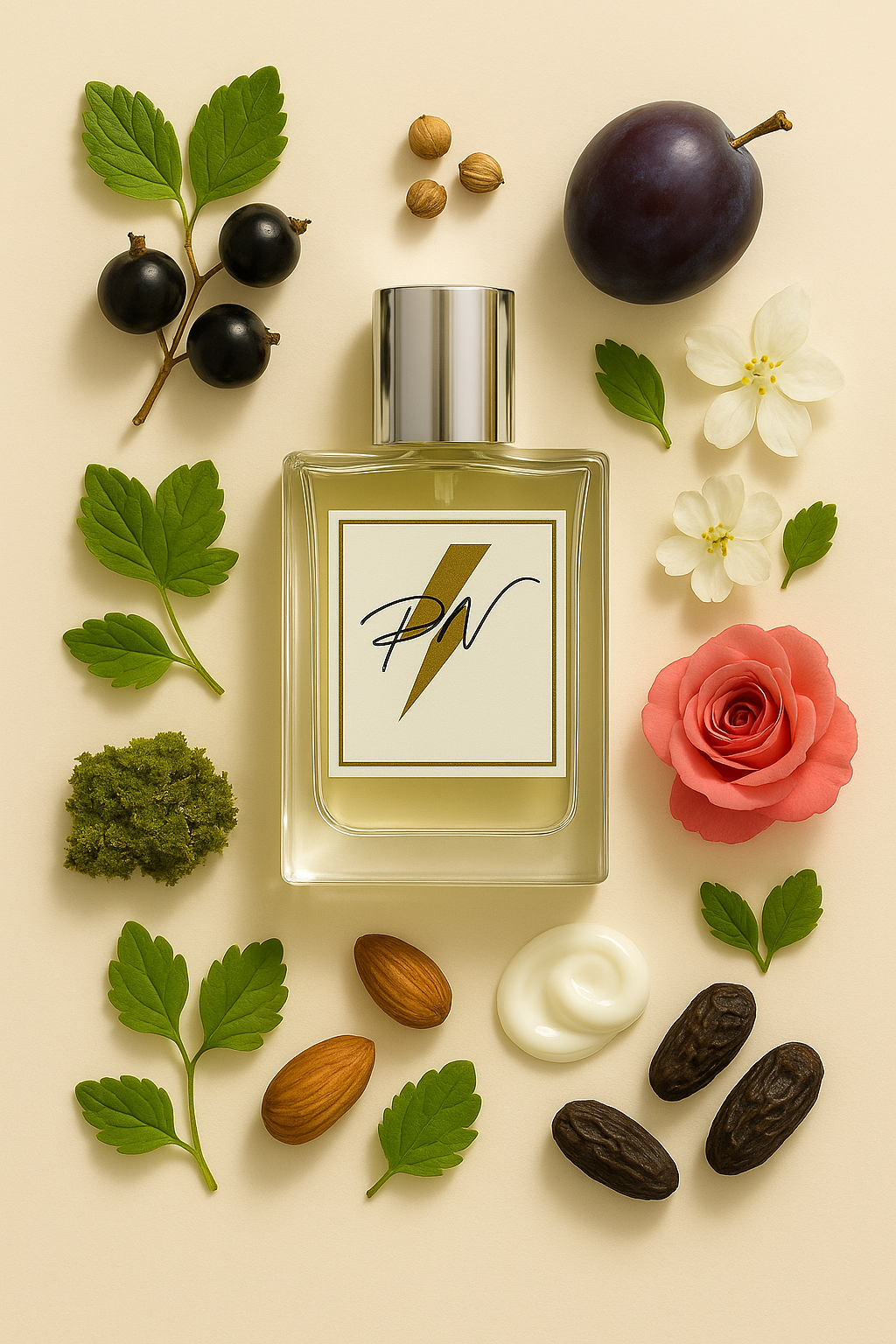 Parfumnistisch City Glam for Her (PN-W076) flacon omringd door geurnoten: zwarte bes, pruim, koriander, bloemige noten, Bulgaarse roos, eikenmos, Indiase patchouli en witte musk