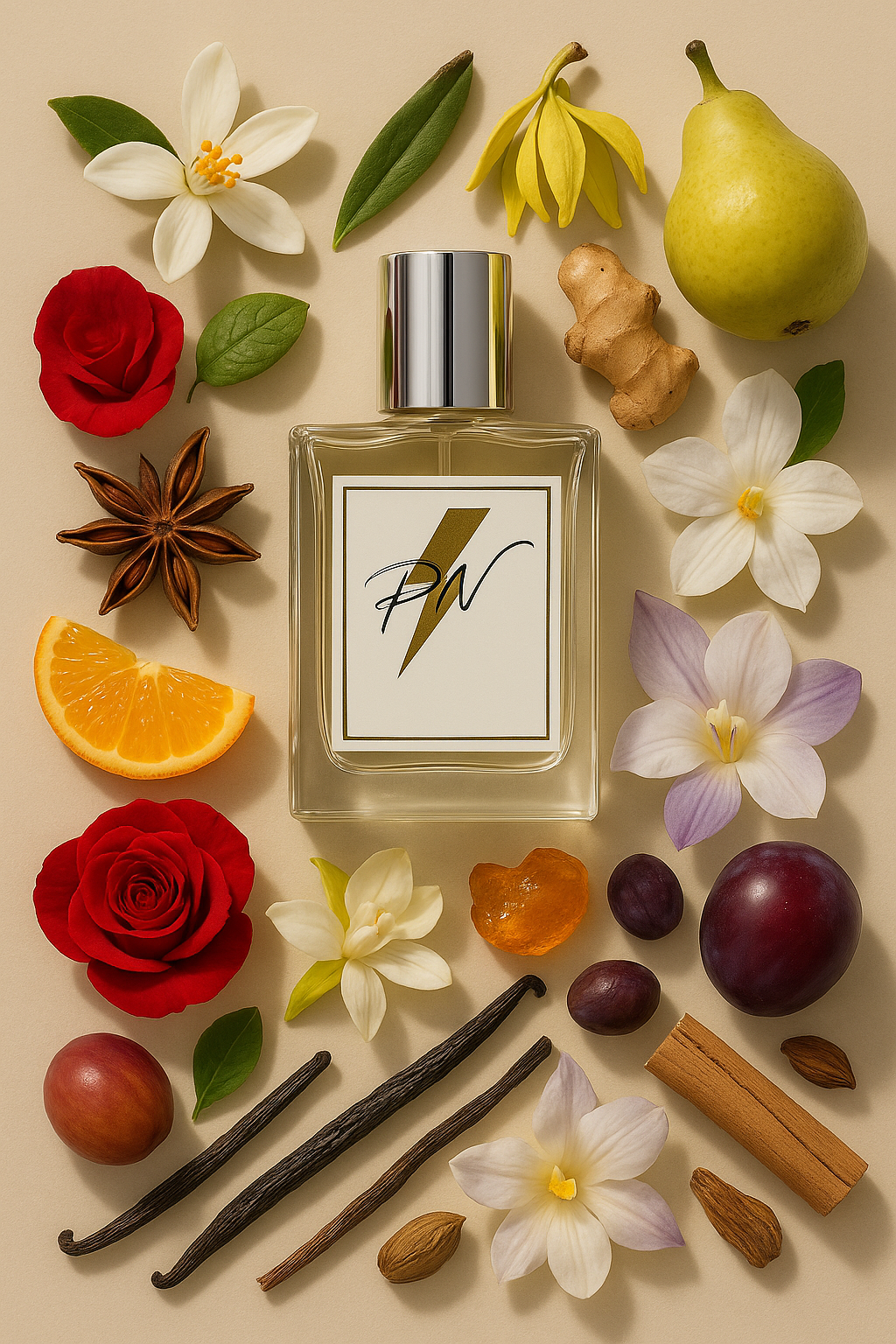 “Parfumnistisch Classique (PN-W106) flacon omringd door geurnoten: oranjebloesem, steranijs, roos, mandarijn, peer, bergamot, ylang-ylang, gember, orchidee, tuberoos, iris, pruim, vanille, amber, muskus, kaneel en sandelhout”
