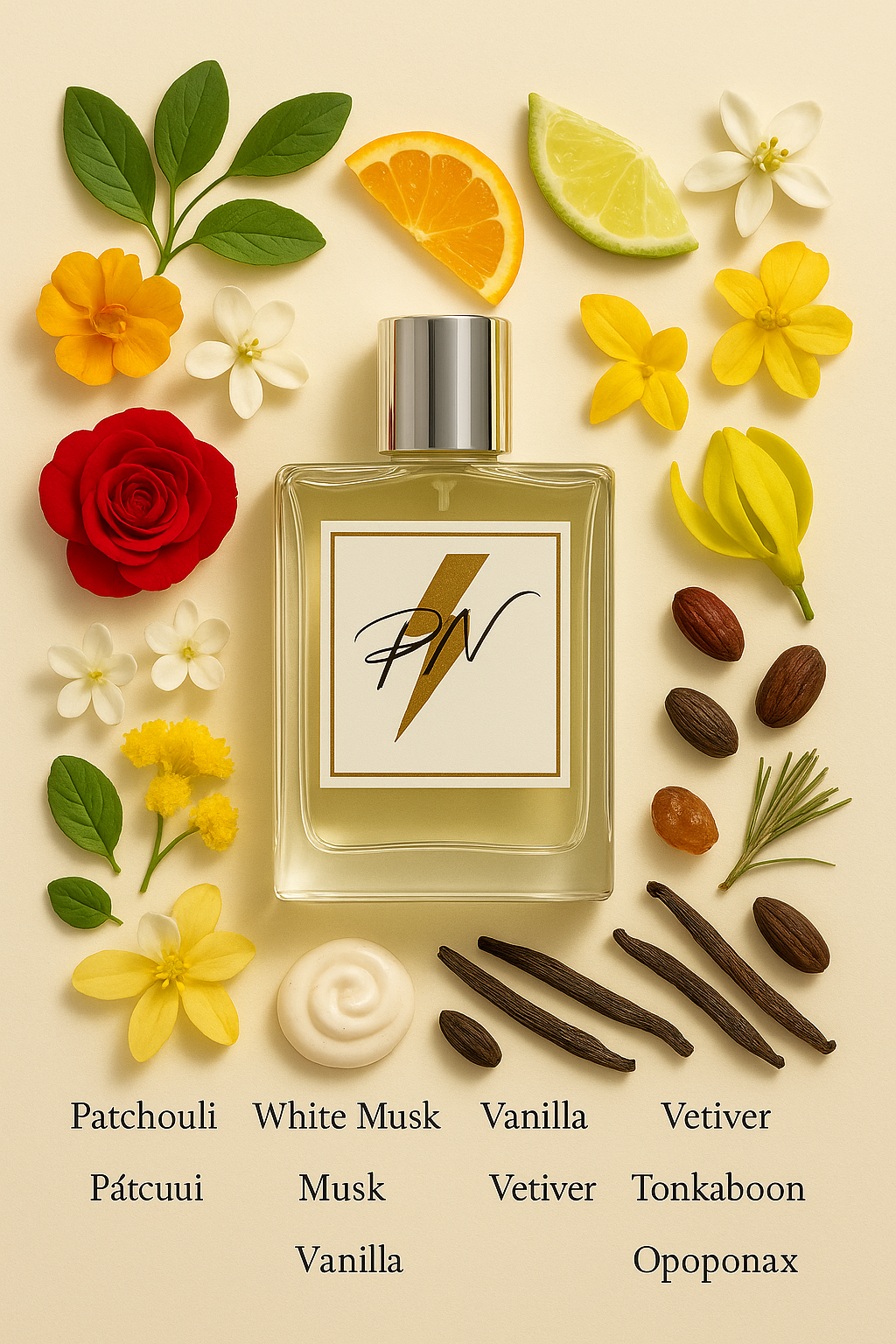 Parfumnistisch Coco Mademoiselle (PN-W035) flacon omringd door geurnoten: sinaasappel, mandarijn, bergamot, oranjebloesem, Turkse roos, jasmijn, mimosa, ylang-ylang, patchouli, muskus, vanille, vetiver, tonkaboon en opoponax