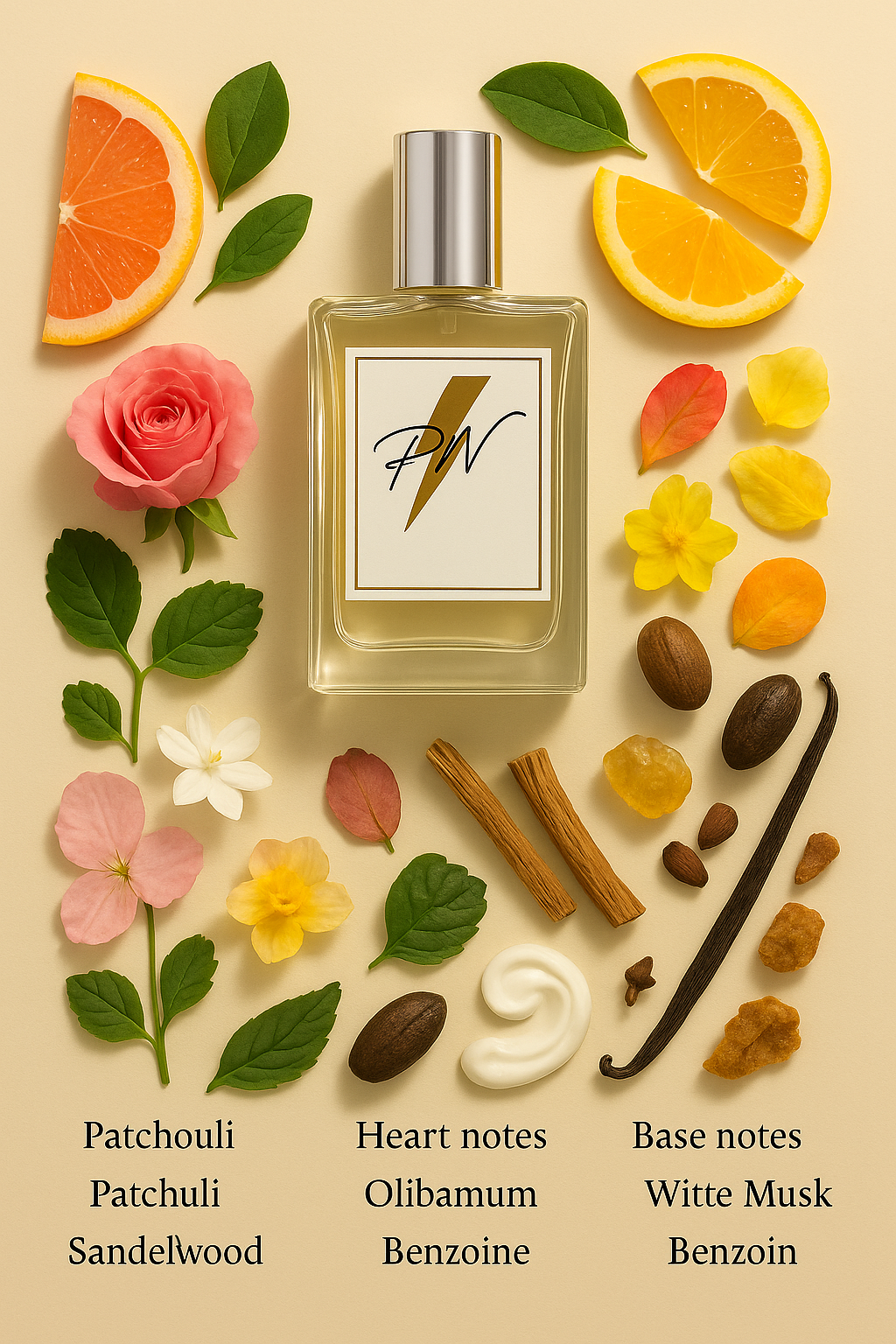 Parfumnistisch Coco Noir (PN-W036) flacon omringd door geurnoten: grapefruit, bergamot, sinaasappel, roos, geranium, jasmijn, narcis, perzik, patchouli, sandelhout, olibanum, tonkaboon, vanille, witte musk, kruidnagelen en benzoine