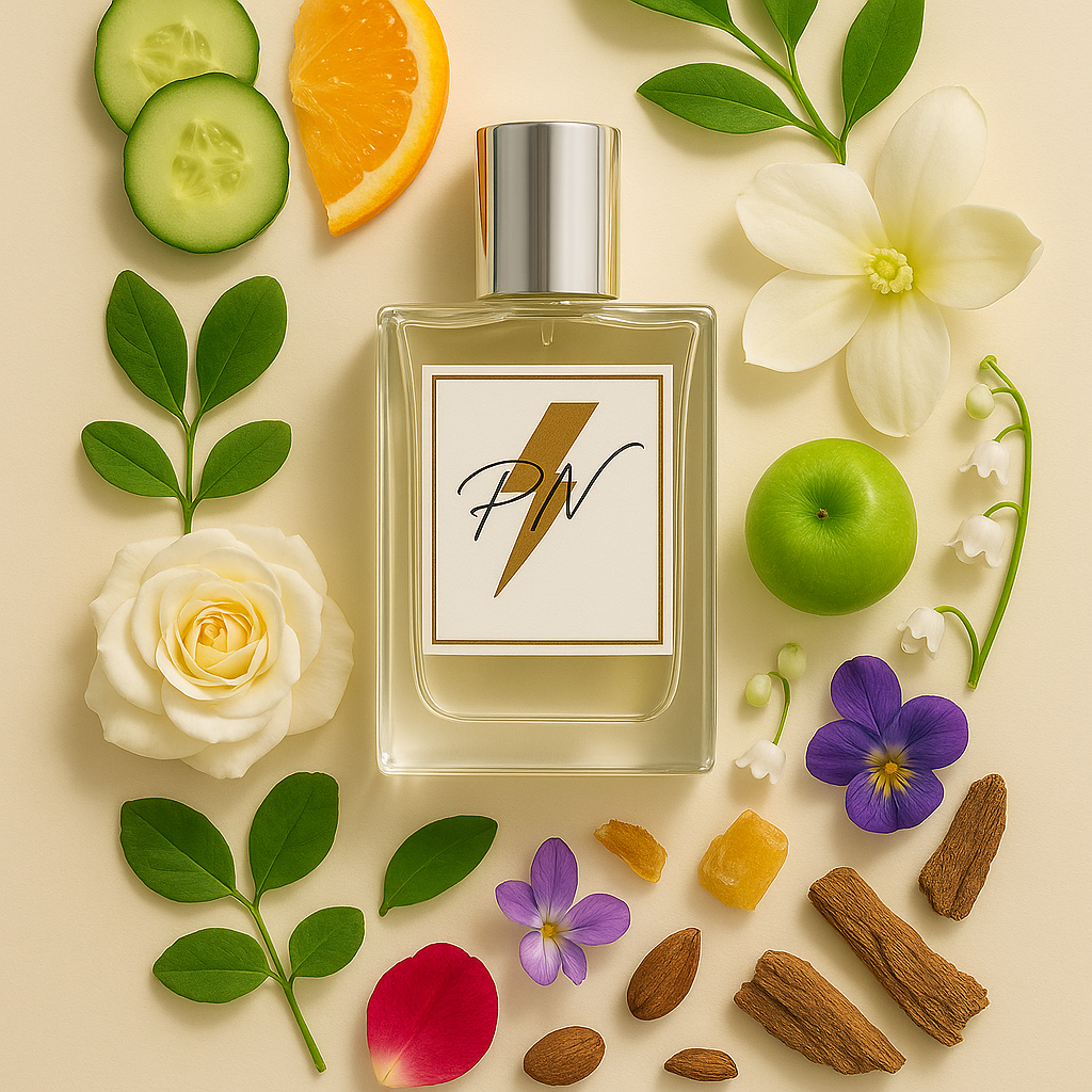 Parfumnistisch DKNY Be Delicious (PN-W063) flacon omringd door geurnoten: komkommer, grapefruit, magnolia, groene appel, lelietje-van-dalen, tuberoos, viooltje, roos, sandelhout en amber
