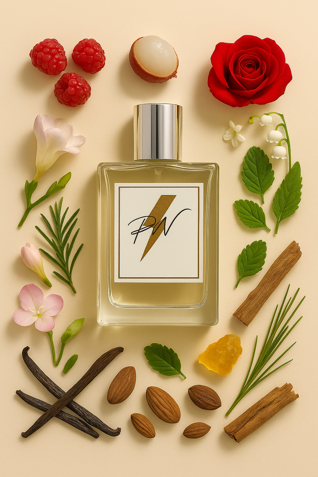 Parfumnistisch Diamonds (PN-W079) flacon omringd door geurnoten: lychees, framboos, roos, patchouli, fresia, ceder, lelietje-van-dalen, vanille, amber en vetiver