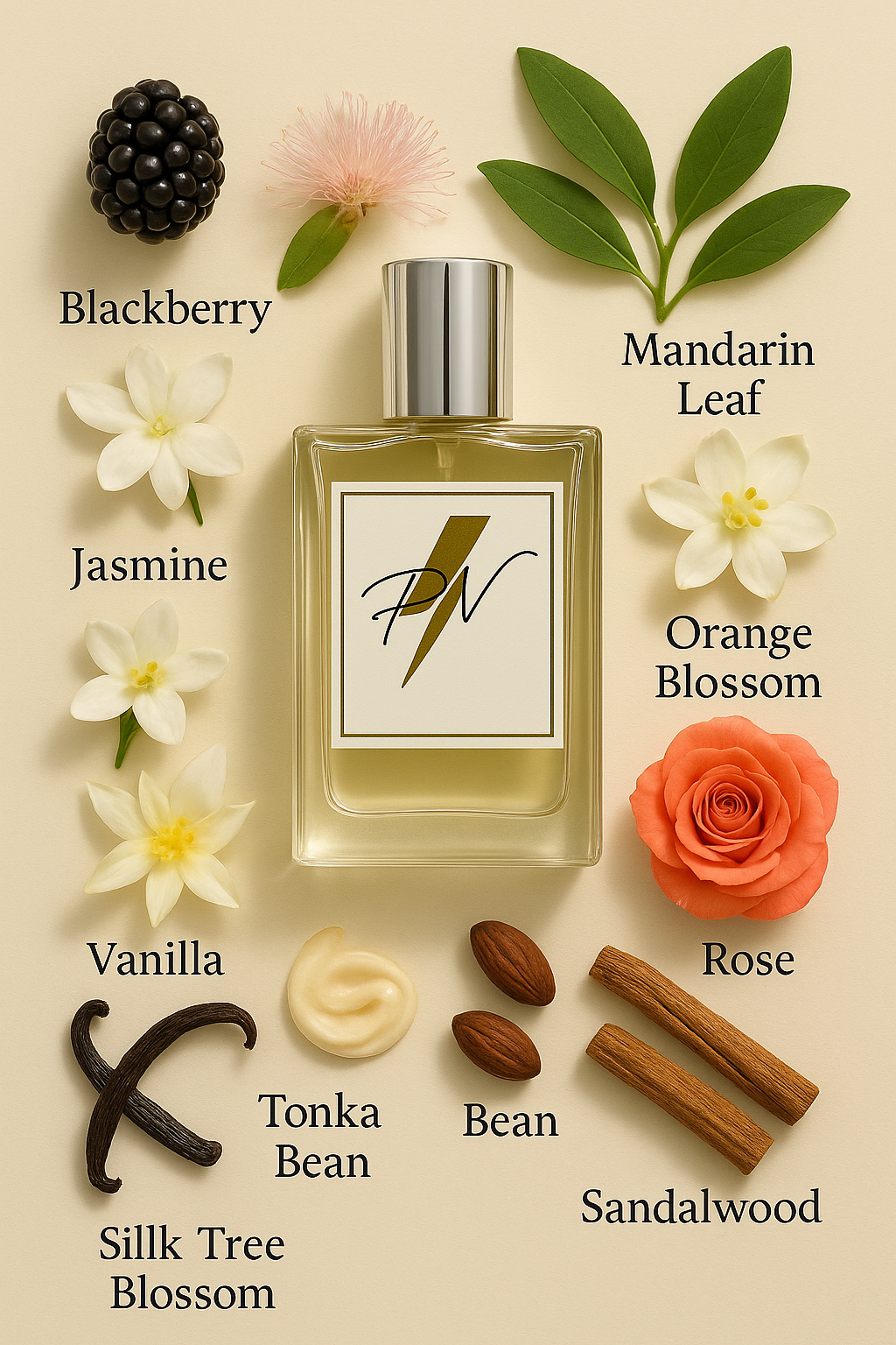 Parfumnistisch Dior Addict (PN-W048) flacon omringd door geurnoten: bramen, mandarijnenblad, zijdeboombloesem, jasmijn, oranjebloesem, koningin der nacht, roos, vanille, tonkaboon en Mysore sandelhout