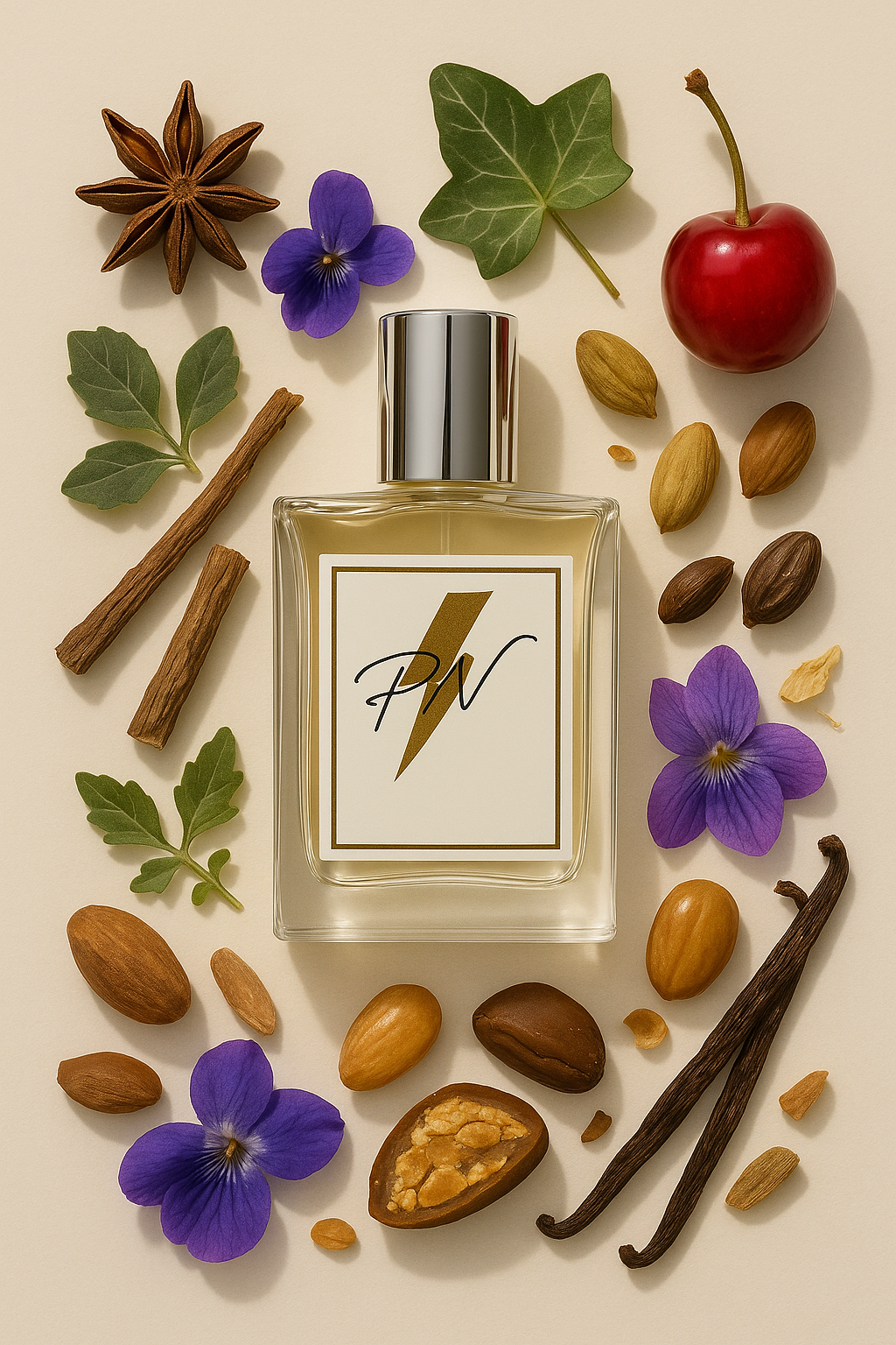 “Parfumnistisch Dot (PN-W129) flacon omringd door geurnoten: rode bessen, dragonfruit, kamperfoelie, kokosnoot, jasmijn, oranjebloesem, drijfhout, muskus en vanille”