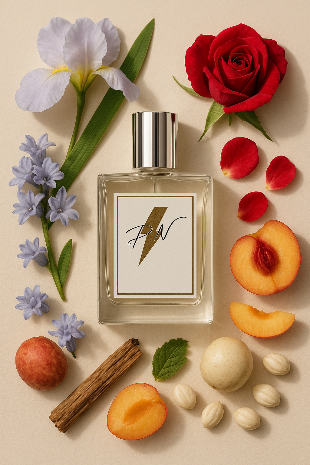 Parfumnistisch Eau d’Eden (PN-W013) flacon omringd door geurnoten: iris, roos, hyacint, nectarine, perzik, vruchtenmix, witte musk en sandelhout