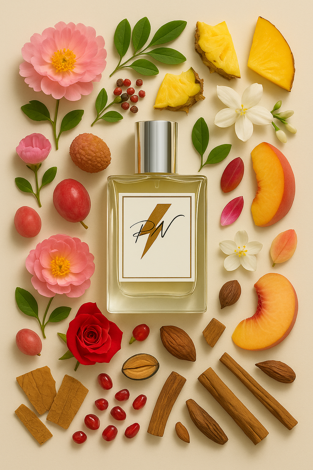 Parfumnistisch Envy Me (PN-W090) flacon omringd door geurnoten: pioenroos, roze peper, ananas, jasmijn, mango, kassieboom, perzik, lychees, granaatappel, witte thee, muskus, tabak, teak hout, sandelhout en tonkaboon