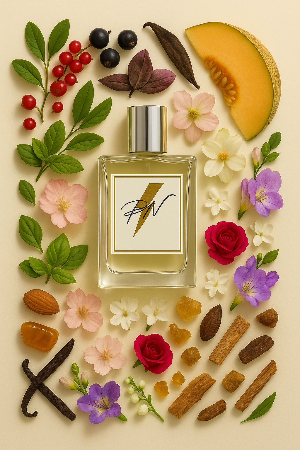 Parfumnistisch Escada Magnetism (PN-W070) flacon omringd door geurnoten: rode bessen, zwarte bes, kassieboom, lychees, ananas, meloen, amandelbloesem, heliotroop, magnolia, karamel, vanille, patchouli, benzoine, muskus, sandelhout, amber en vetiver