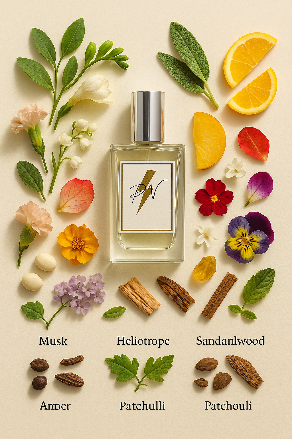 Parfumnistisch Eternity (PN-W022) flacon omringd door geurnoten: groene noten, fresia, salie, citrusvruchten, mandarijn, anjer, lelie, jasmijn, muskus, patchouli en amber