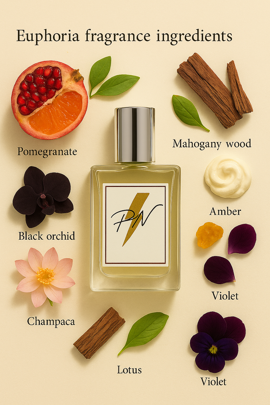 Parfumnistisch Euphoria (PN-W024) flacon omringd door geurnoten: granaatappel, persimmon, groene noten, zwarte orchidee, lotus, champaca, mahoniehout, amber, zwart viooltje en slagroom