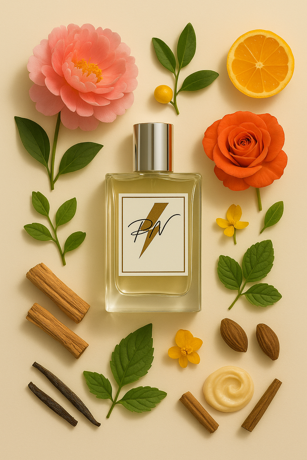 Parfumnistisch Flora by Gucci (PN-W088) flacon omringd door geurnoten: pioenroos, citrusvruchten, mandarijn, osmanthus en roos, met sandelhout en patchouli