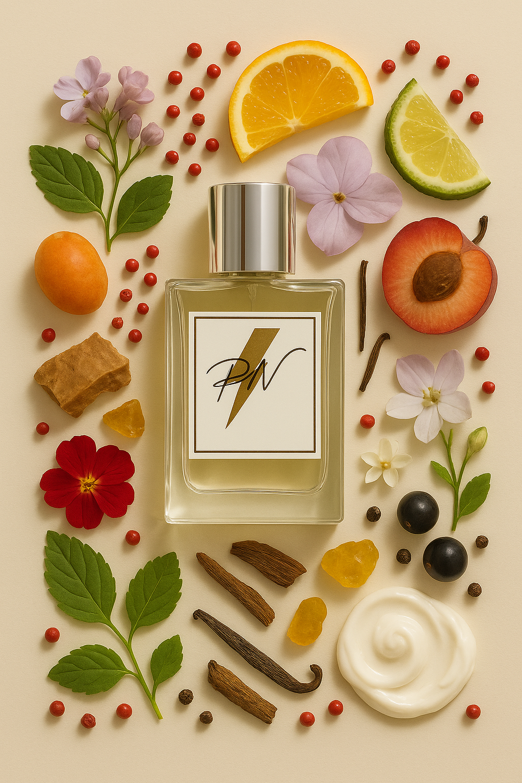 Parfumnistisch Gucci Guilty (PN-W093) flacon omringd door geurnoten: roze peper, mandarijn, bergamot, sering, perzik, geranium, jasmijn, zwarte bes, patchouli, amber, witte musk en vanille