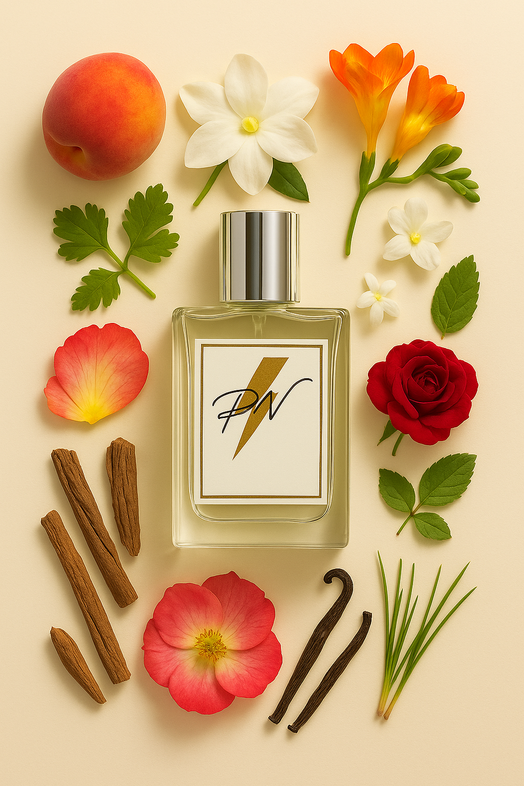 Parfumnistisch Gucci Rush (PN-W091) flacon omringd door geurnoten: perzik, Californische gardenia, Afrikaanse freesia, koriander, Damask roos, jasmijn, patchouli, natuurlijke vanille en vetiver
