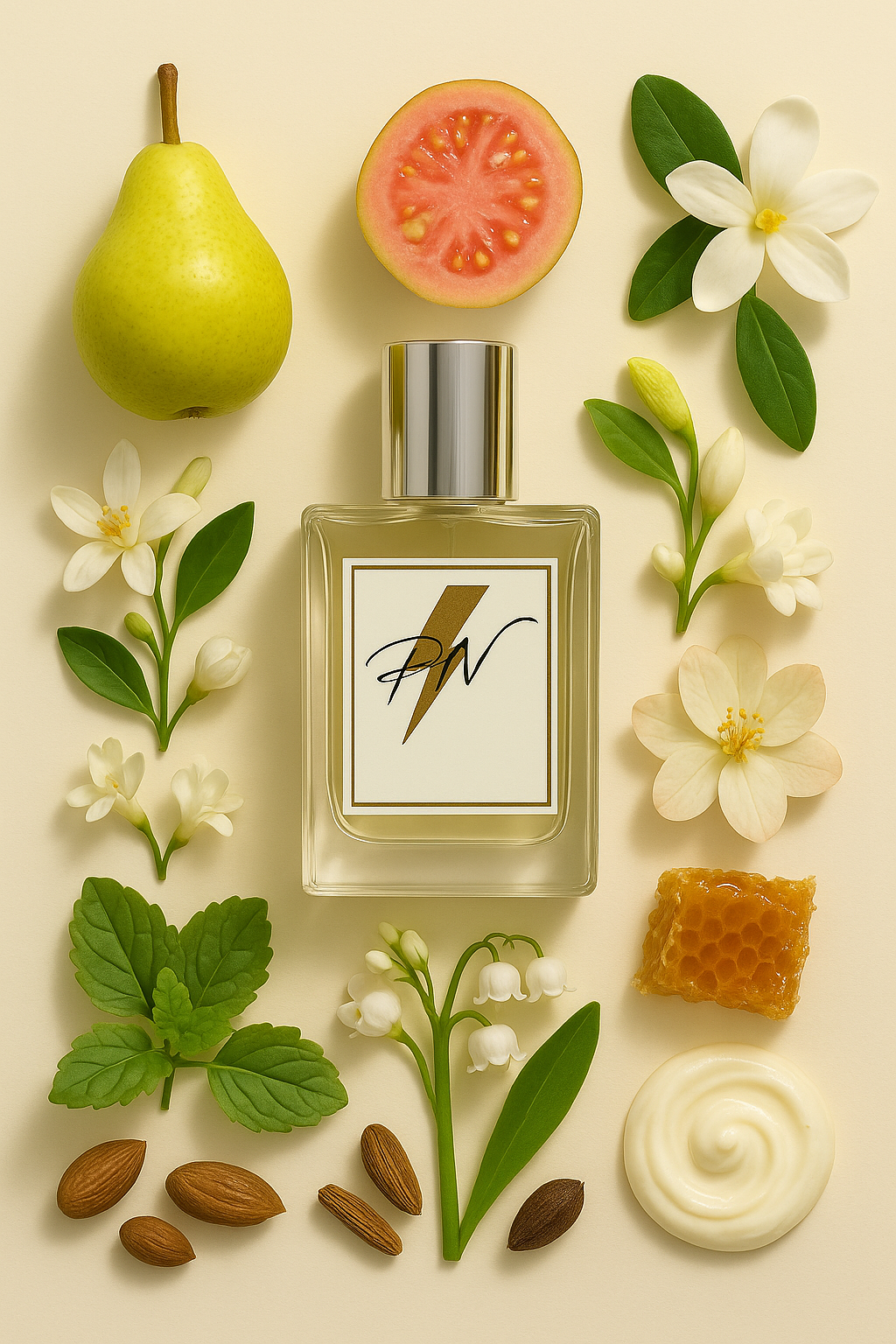 Parfumnistisch Gucci by Gucci (PN-W089) flacon omringd door geurnoten: peer, guave, neroli, lelietje-van-dalen, Tahitiaanse gardenia, patchouli, honing en muskus