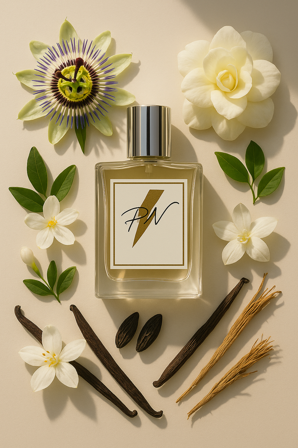 “Parfumnistisch Hypnôse (PN-W120) flacon omringd door geurnoten: passiebloem, jasmijn, gardenia, vanille en vetiver”