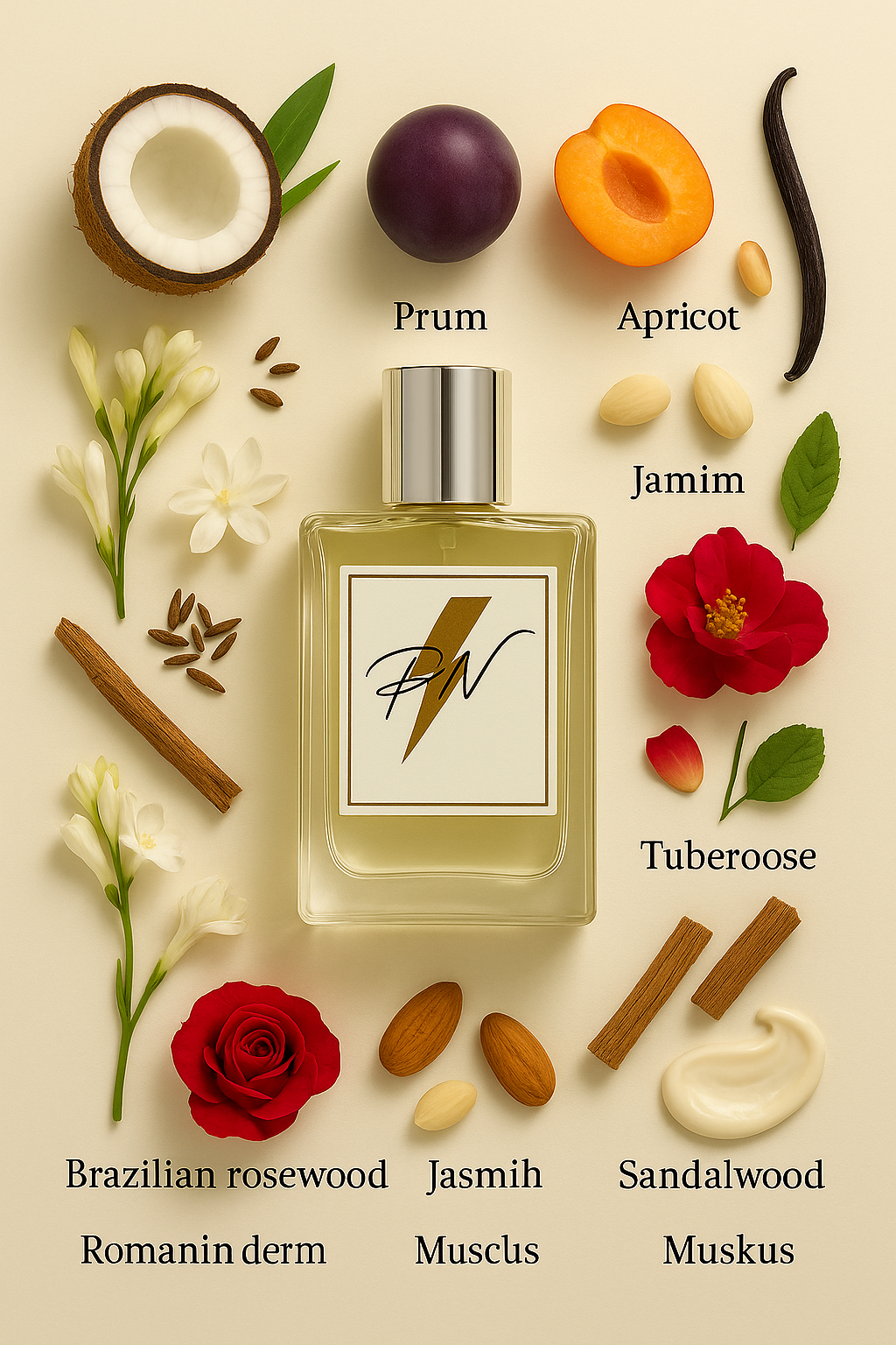Parfumnistisch Hypnotic Poison (PN-W053) flacon omringd door geurnoten: kokosnoot, pruim, abrikoos, Braziliaans rozenhout, jasmijn, karwijzaad, tuberoos, roos, lelietje-van-dalen, vanille, amandel, sandelhout en muskus