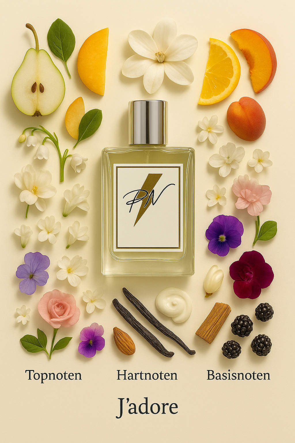 Parfumnistisch J’adore (PN-W054) flacon omringd door geurnoten: peer, meloen, magnolia, perzik, mandarijn, bergamot, jasmijn, tuberoos, fresia, roos, orchidee, viooltje, muskus, vanille, ceder en bramen