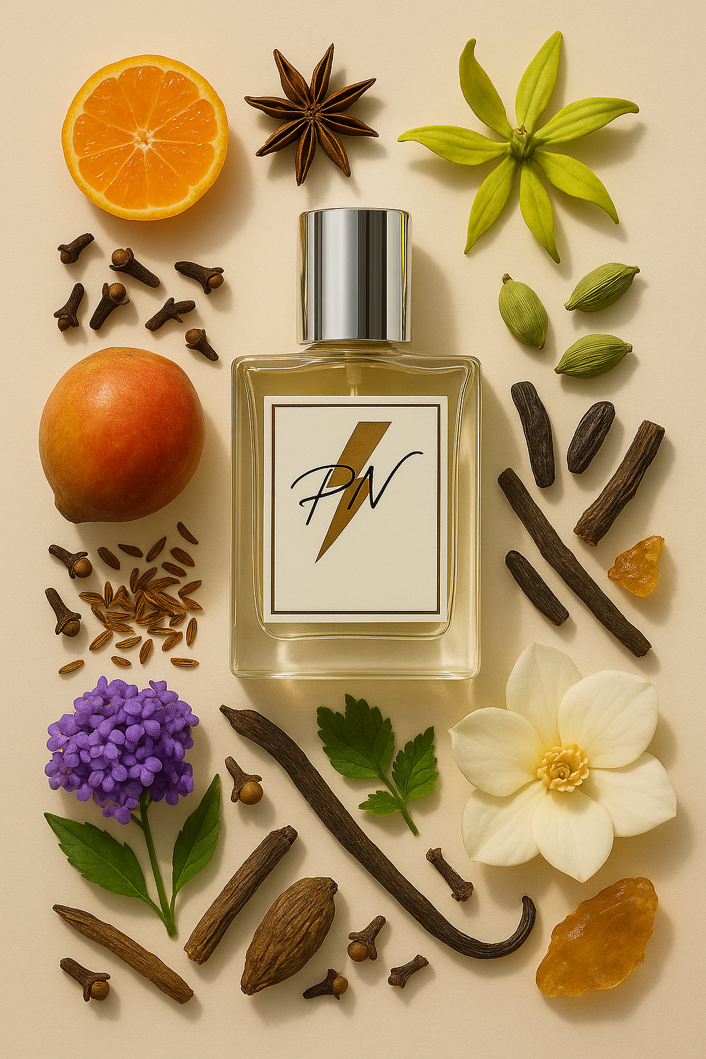 “Parfumnistisch Jungle L’Elephant (PN-W114) flacon omringd door geurnoten: kruidnagelen, komijn, mandarijn, kardemom, karwijzaad, zoethout, mango, ylang-ylang, heliotroop, gardenia, vanille, amber en patchouli”