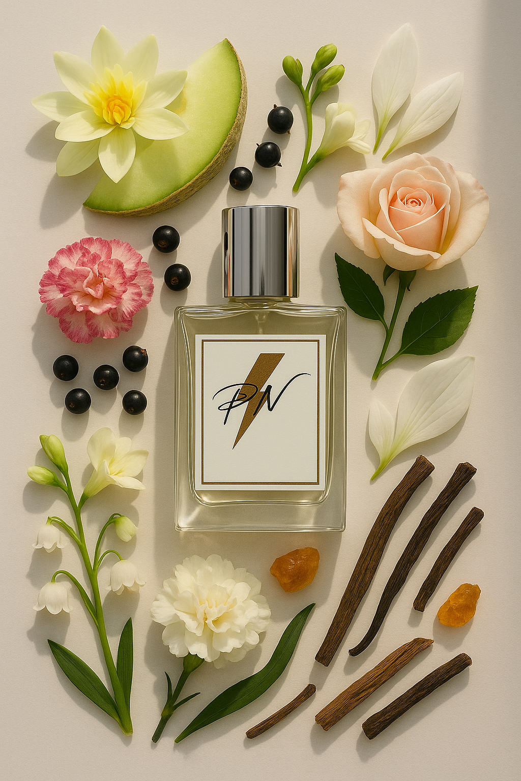 “Parfumnistisch L’eau d’Issey (PN-W131) flacon omringd door geurnoten: lotus, meloen, fresia, rozenwater, cyclamen, lelietje-van-dalen, lelie, waterpioen, anjer, muskus, tuberoos, exotische houtsoorten, osmanthus, ceder, sandelhout en amber”