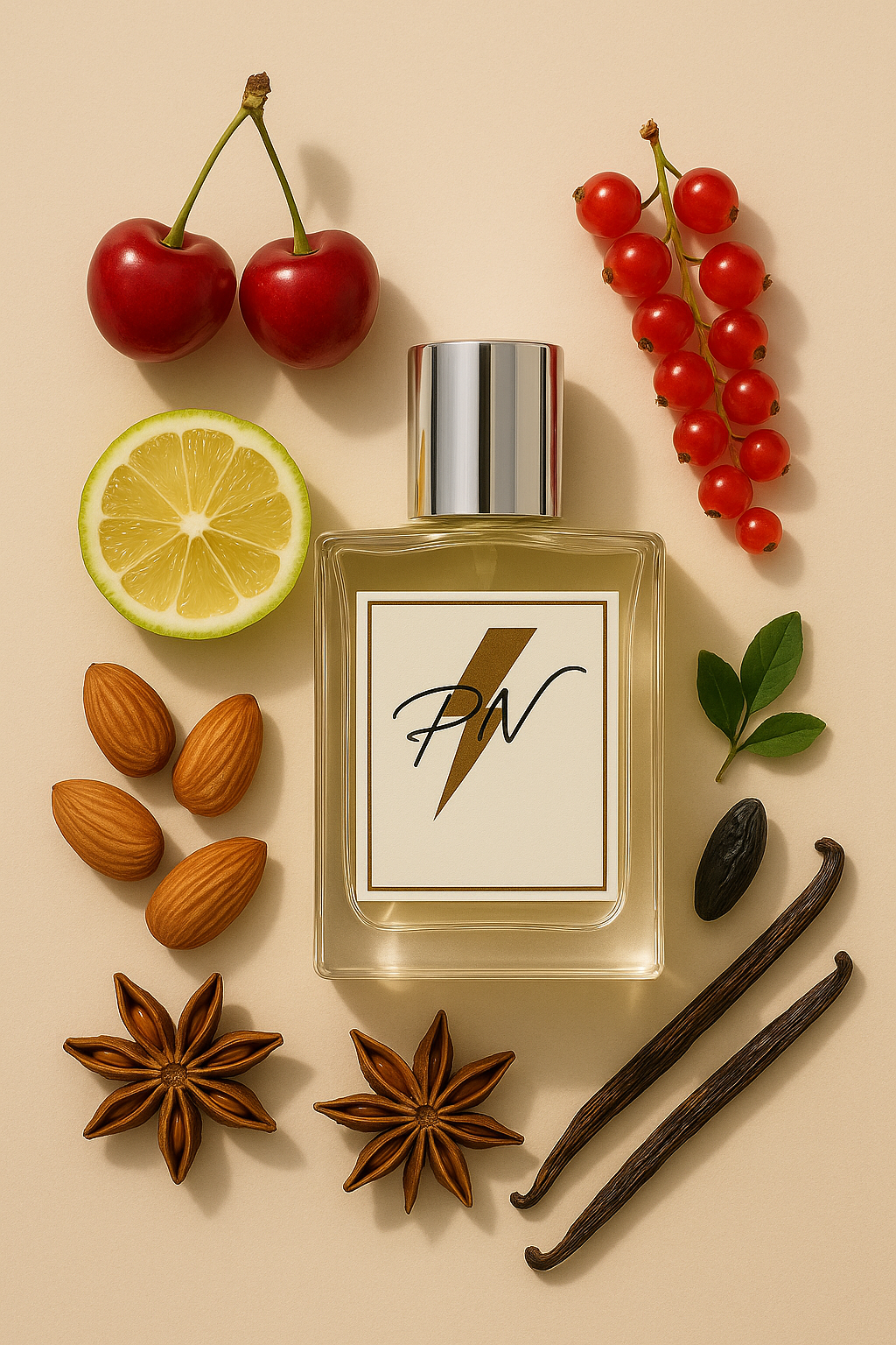 Parfumnistisch La Petite Robe Noire (PN-W095) flacon omringd door geurnoten: zure kers, amandel, rode bessen, bergamot, zoethout, roos, thee, Rosa damascena, vanille, anijs, tonkaboon, patchouli en iris