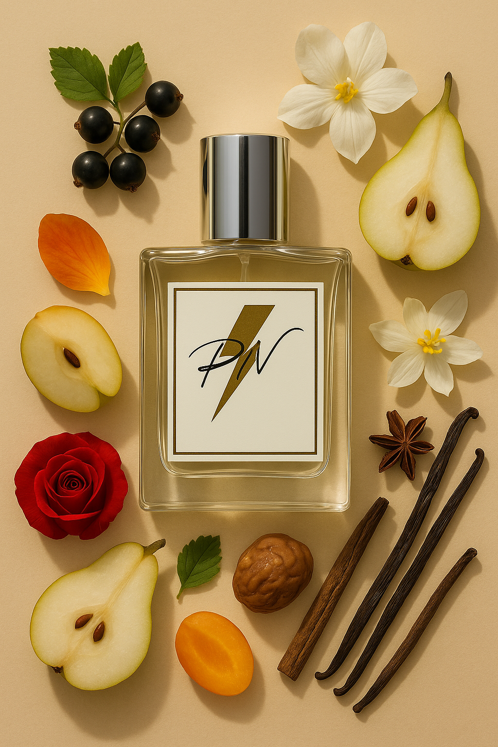 “Parfumnistisch La Vie Est Belle (PN-W121) flacon omringd door geurnoten: zwarte bes, peer, iris, jasmijn, oranjebloesem, praliné vulling, vanille, patchouli en tonkaboon”