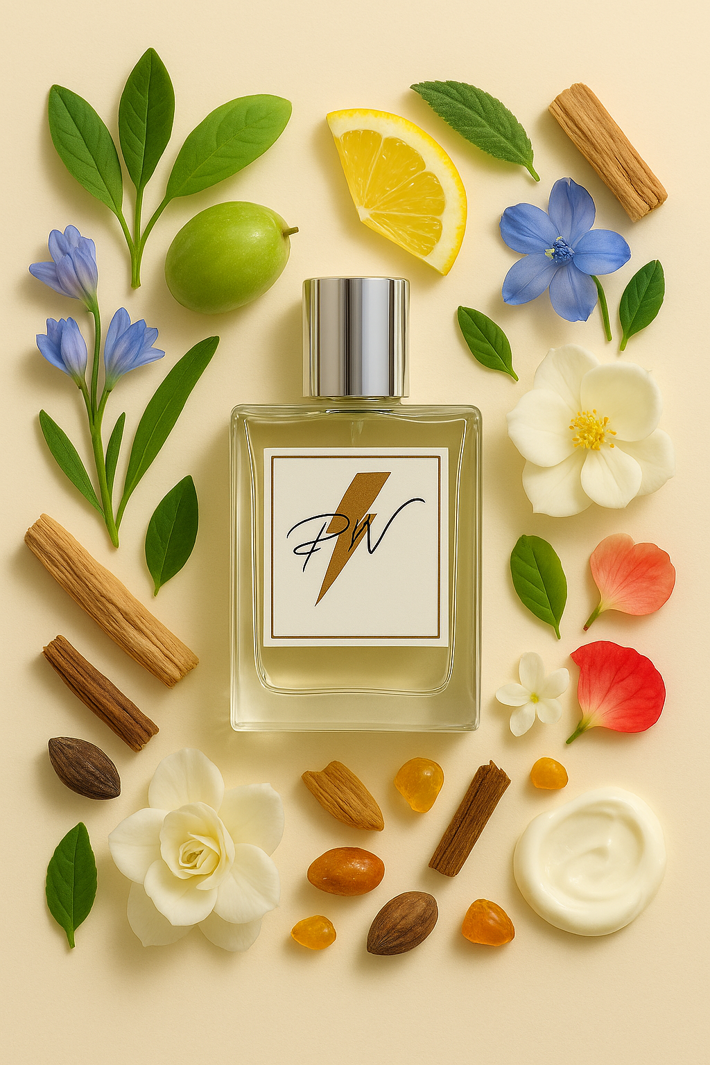 Parfumnistisch Light Blue (PN-W059) flacon omringd door geurnoten: Siciliaanse citroen, appel, ceder, klokjesbloem, bamboe, jasmijn, witte roos, muskus en amber
