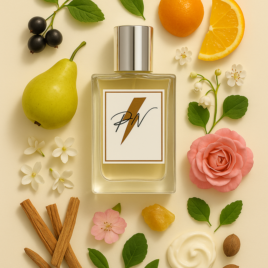 Parfumnistisch Mania Femme (PN-W081) flacon omringd door geurnoten: zwarte bes, viooltjesblad, mandarijn, sinaasappel, kassieboom, peer, pioenroos, jasmijn, lelietje-van-dalen, roos, hagedoorn, sandelhout, amber en witte musk