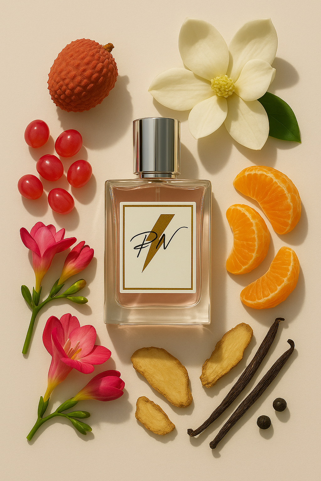 “Parfumnistisch Miracle (PN-W122) flacon omringd door geurnoten: lychees, fresia, magnolia, peper, gember, mandarijn, jasmijn, muskus en amber”