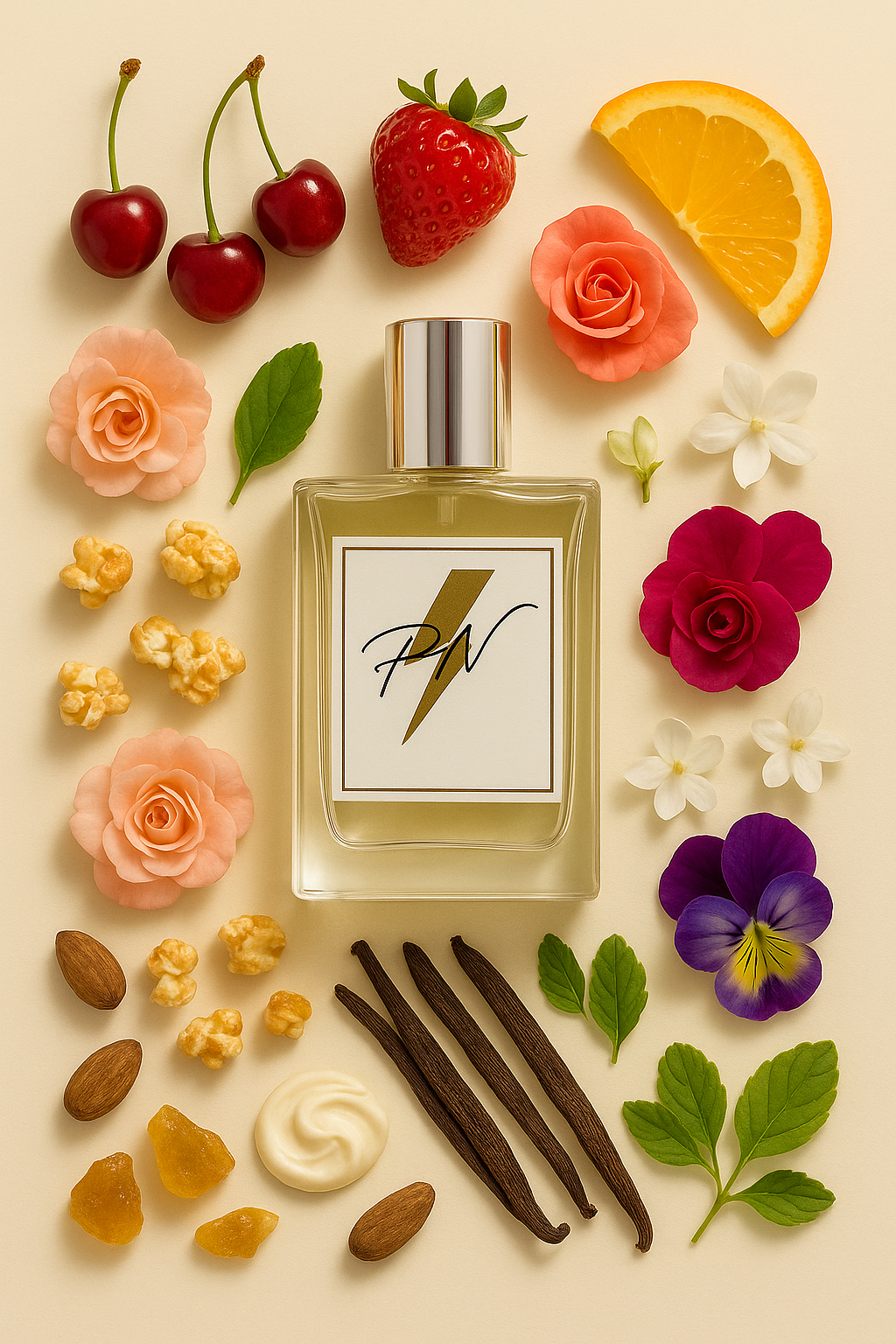 Parfumnistisch Miss Dior Cherie (PN-W056) flacon omringd door geurnoten: kersen, aardbei, ananas, mandarijn, popcorn, karamel, roos, jasmijn, viooltje, patchouli, muskus en amber