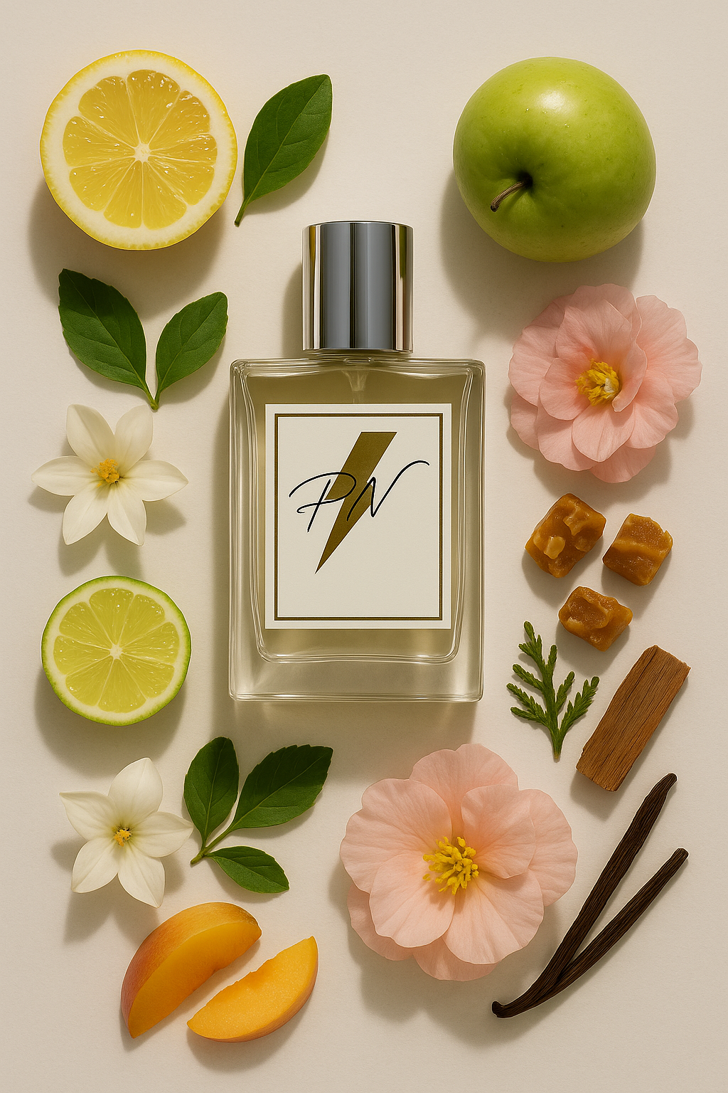 “Parfumnistisch Nina (PN-W135) flacon omringd door geurnoten: Amalfi-citroen, limoen, Granny Smith-appel, praliné vulling, pioenroos, doornappel, appelboom, muskus en ceder uit Virginia”