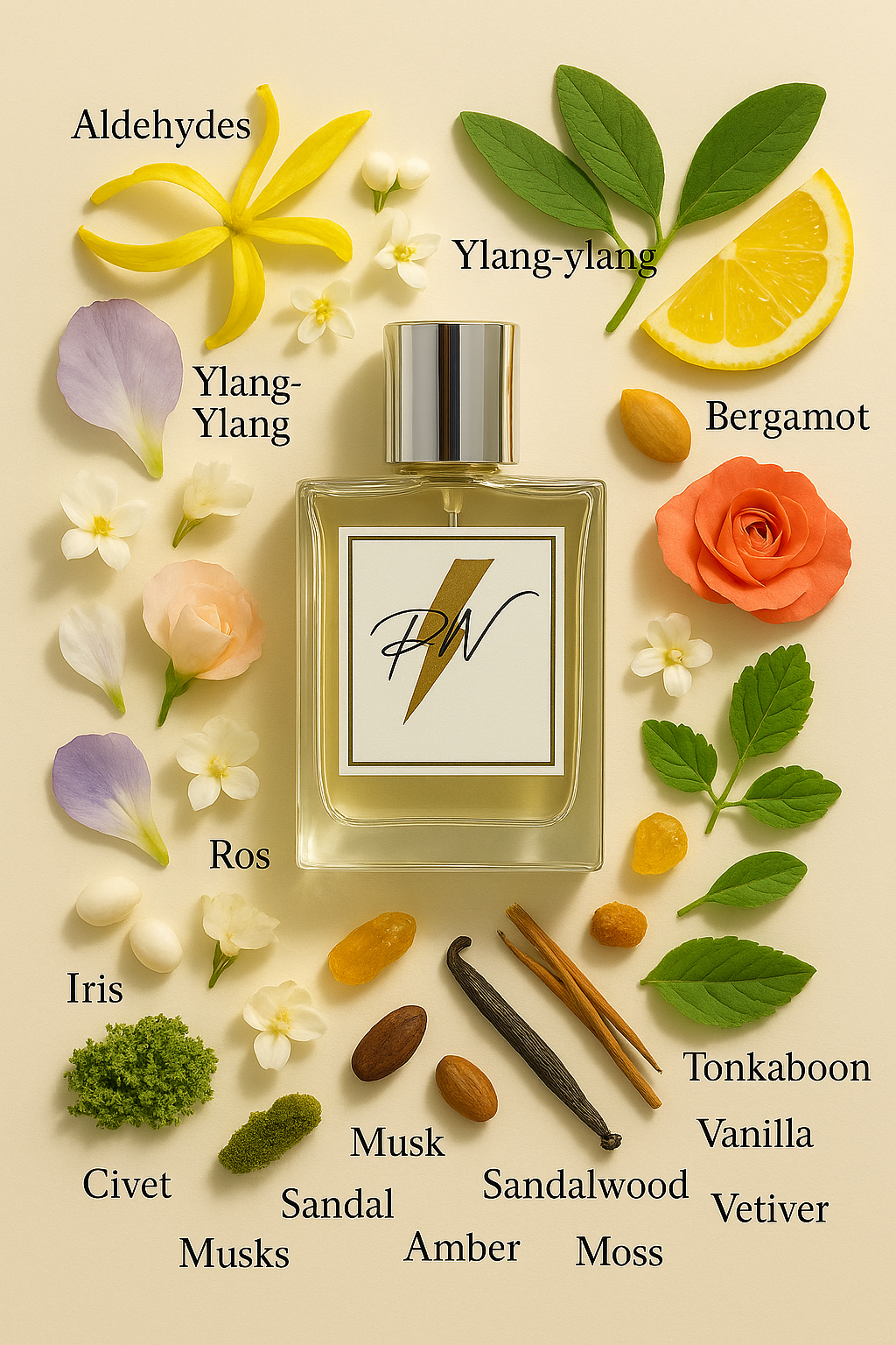 Parfumnistisch No 5 Parfum (PN-W037) flacon omringd door geurnoten: aldehyden, ylang-ylang, neroli, bergamot, citroen, iris, jasmijn, roos, orriswortel, lelietje-van-dalen, civet, muskus, sandelhout, amber, mos, vanille, vetiver en patchouli