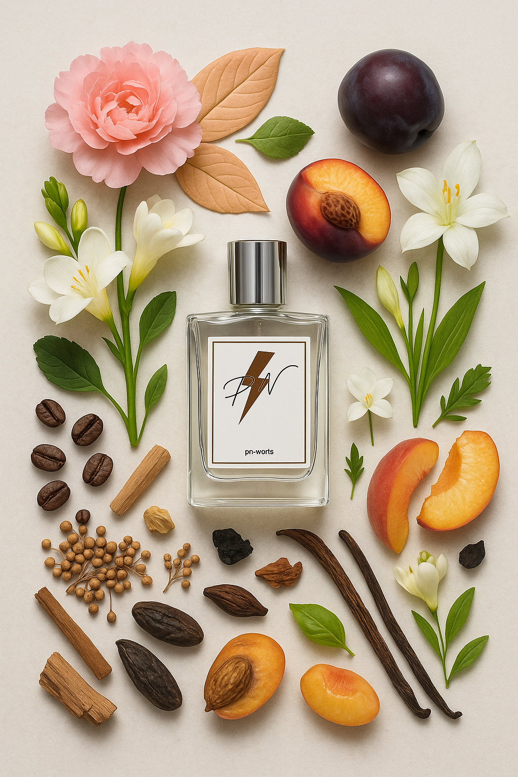 Parfumnistisch Noa (PN-W016) flacon omringd door geurnoten: witte musk, pioenroos, fresia, groene noten, perzik, pruim, lelie, jasmijn, ylang-ylang, koffie, vanille, sandelhout, koriander, wierook, tonkaboon en ceder