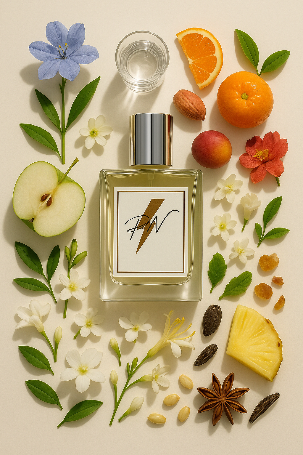 “Parfumnistisch O Oui! (PN-W123) flacon omringd door geurnoten: waterhyacint, wodka, bergamot, mandarijn, nectarine, witte bloemen, groene appel, fresia, kamperfoelie, ananas, waterlelie, muskus, ceder, houtnoten en amber”