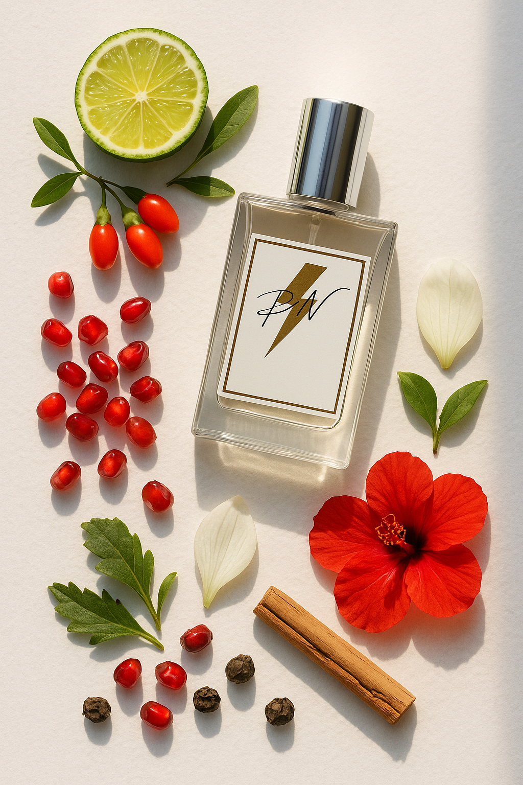 Parfumnistisch Omnia Coral (PN-W009) flacon omringd door geurnoten: bergamot, gojibessen, granaatappel, hibiscus, waterlelie, muskus en ceder uit Virginia