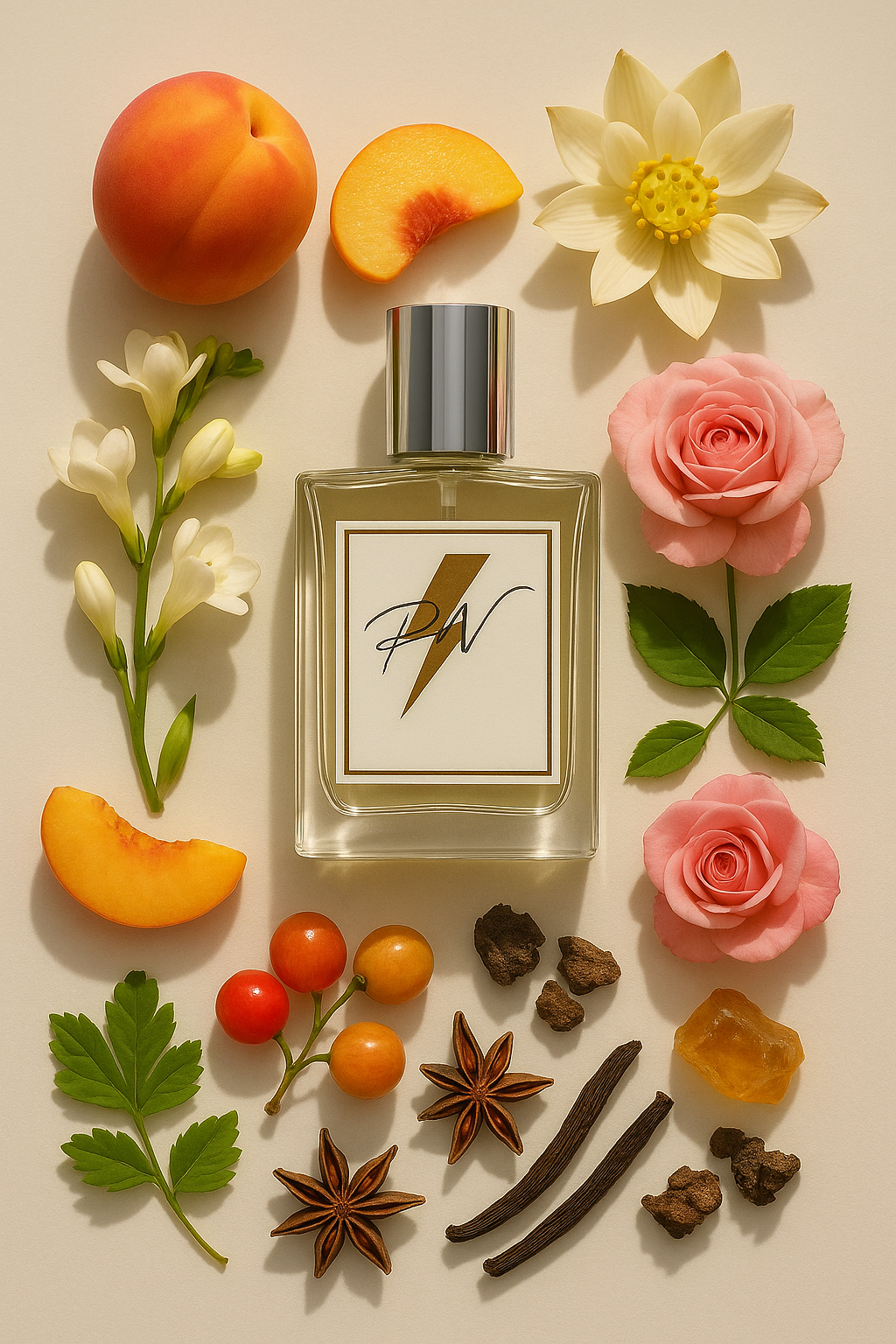 “Parfumnistisch Pour Femme (PN-W116) flacon omringd door geurnoten: fresia, perzik, bergamot, jasmijn, roos, lotus, patchouli, amber en muskus”