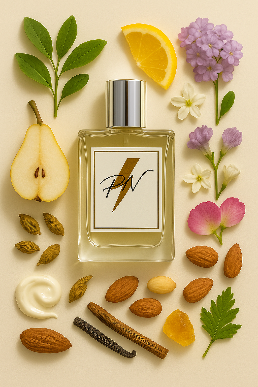 Parfumnistisch She (PN-W080) flacon omringd door geurnoten: citrusvruchten, peer, heliotroop, kardemom, engelwortel, jasmijn, witte musk, amandel, vanille, ceder en amber