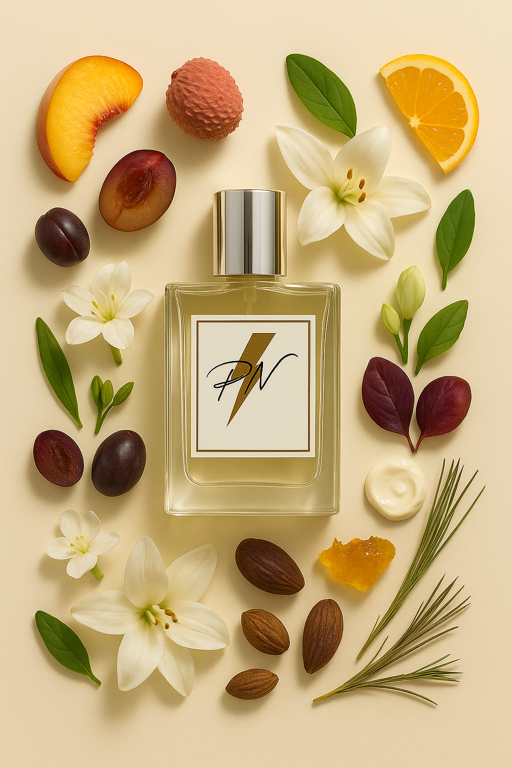 Parfumnistisch The One (PN-W061) flacon omringd door geurnoten: perzik, lychees, mandarijn, bergamot, lelie, pruim, jasmijn, lelietje-van-dalen, vanille, amber, muskus en vetiver