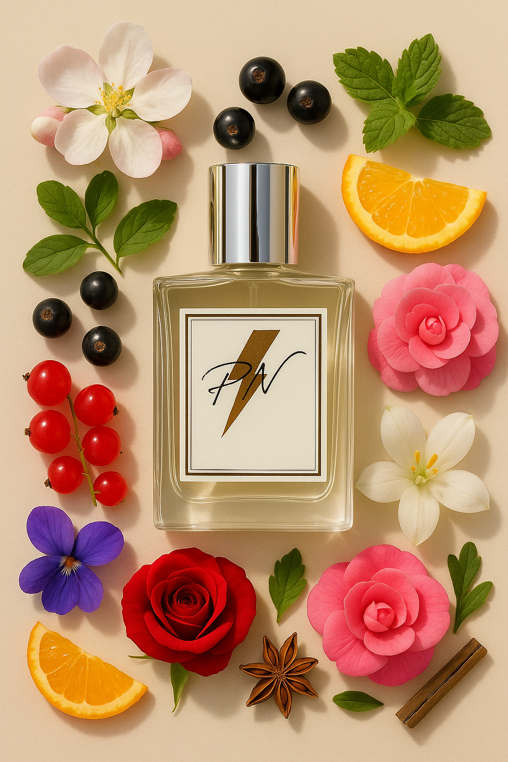 Parfumnistisch Tommy Girl (PN-W098) flacon omringd door geurnoten: appelbloesem, mandarijn, camelia, zwarte bes, citroen, kamperfoelie, grapefruit, roos, lelie, munt, viooltje, magnolia, jasmijn, ceder, sandelhout en leer