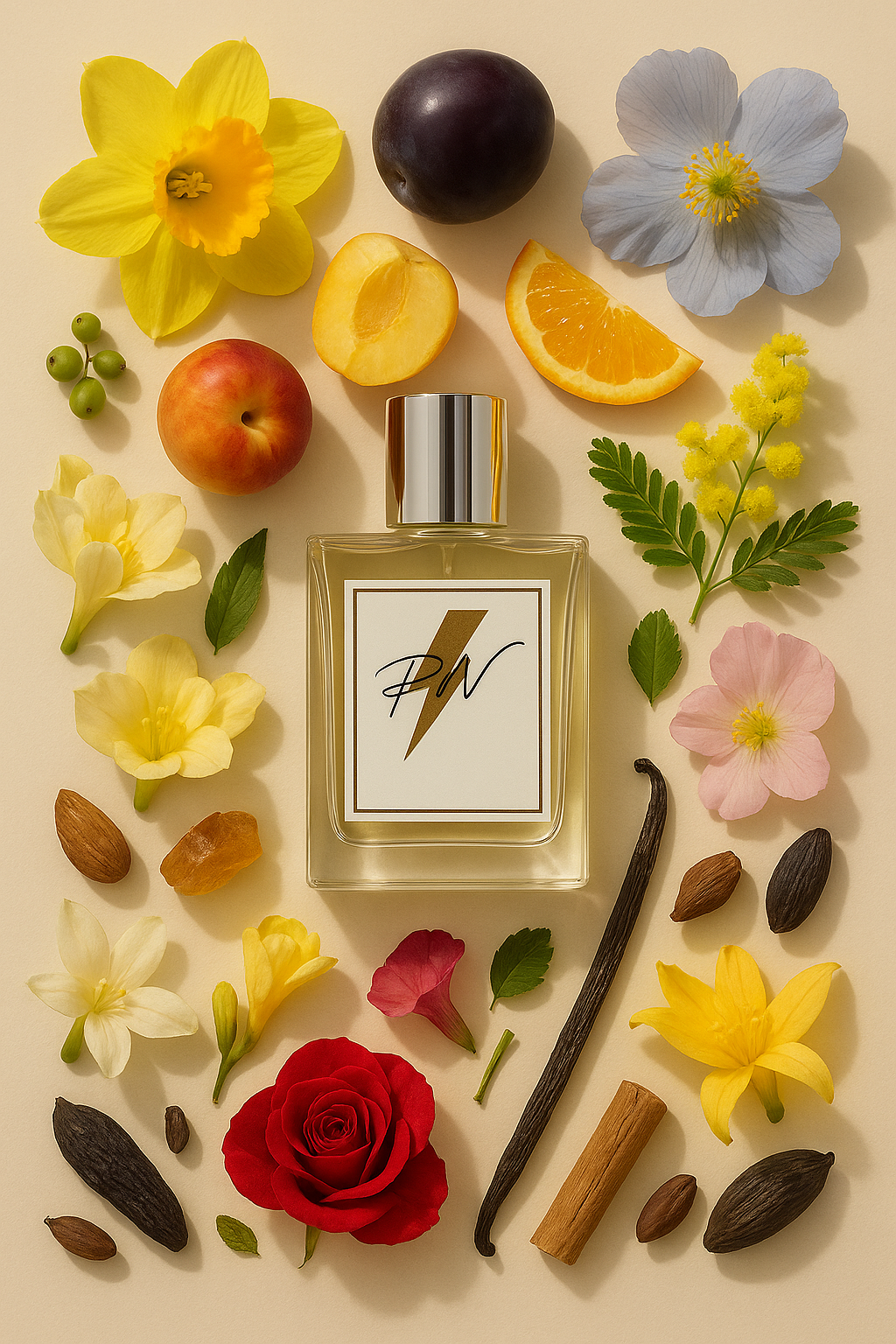 “Parfumnistisch Trésor (PN-W125) flacon omringd door geurnoten: perzik, roos, abrikoosbloesem, sering, ananas, lelietje-van-dalen, bergamot, iris, vanille, sandelhout, amber en muskus”