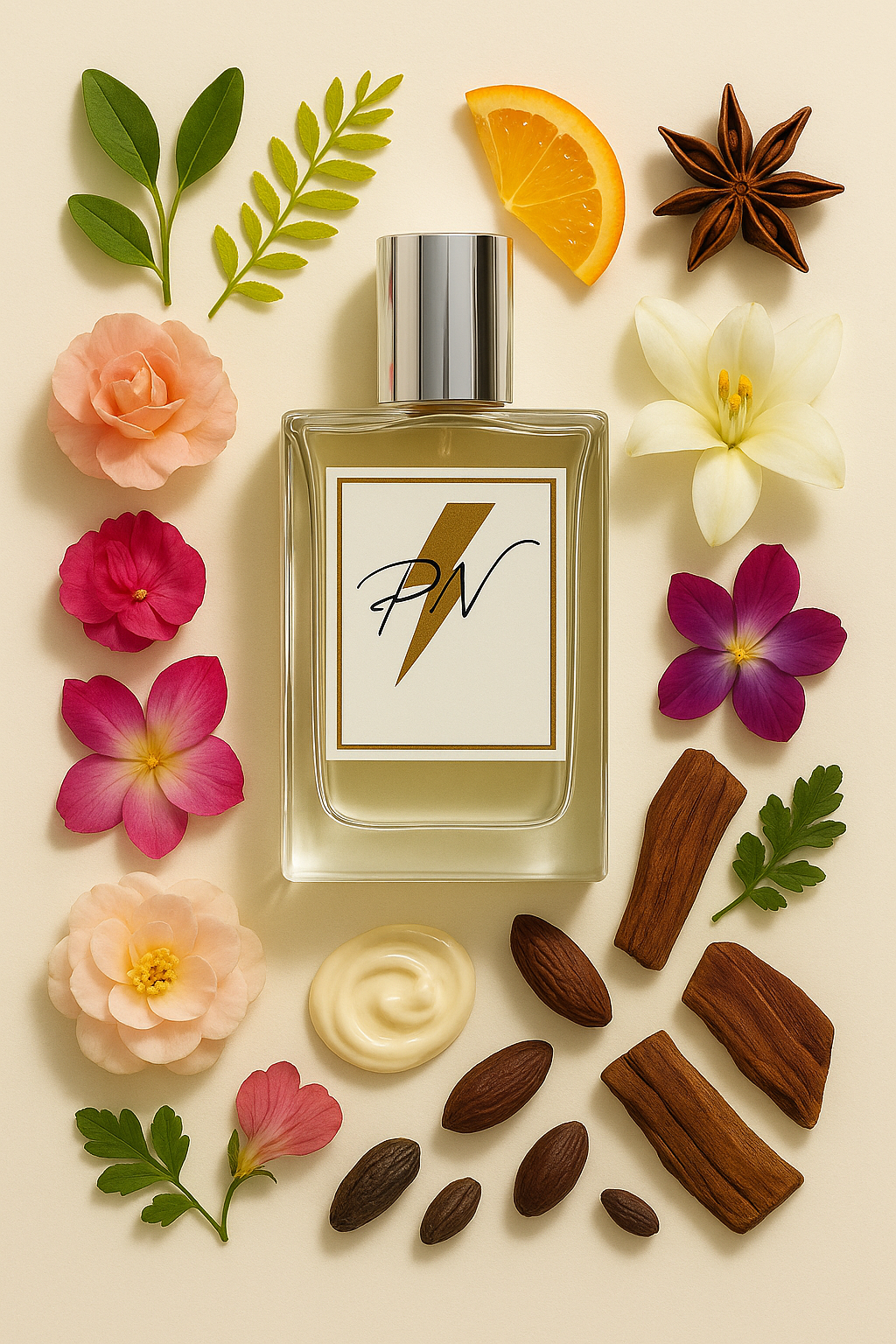 Parfumnistisch Very Irresistible (PN-W085) flacon omringd door geurnoten: kassieboom, citroenverbena, steranijs, roos, pioenroos, magnolia, Rosa damascena, muskus, vanille en patchouli