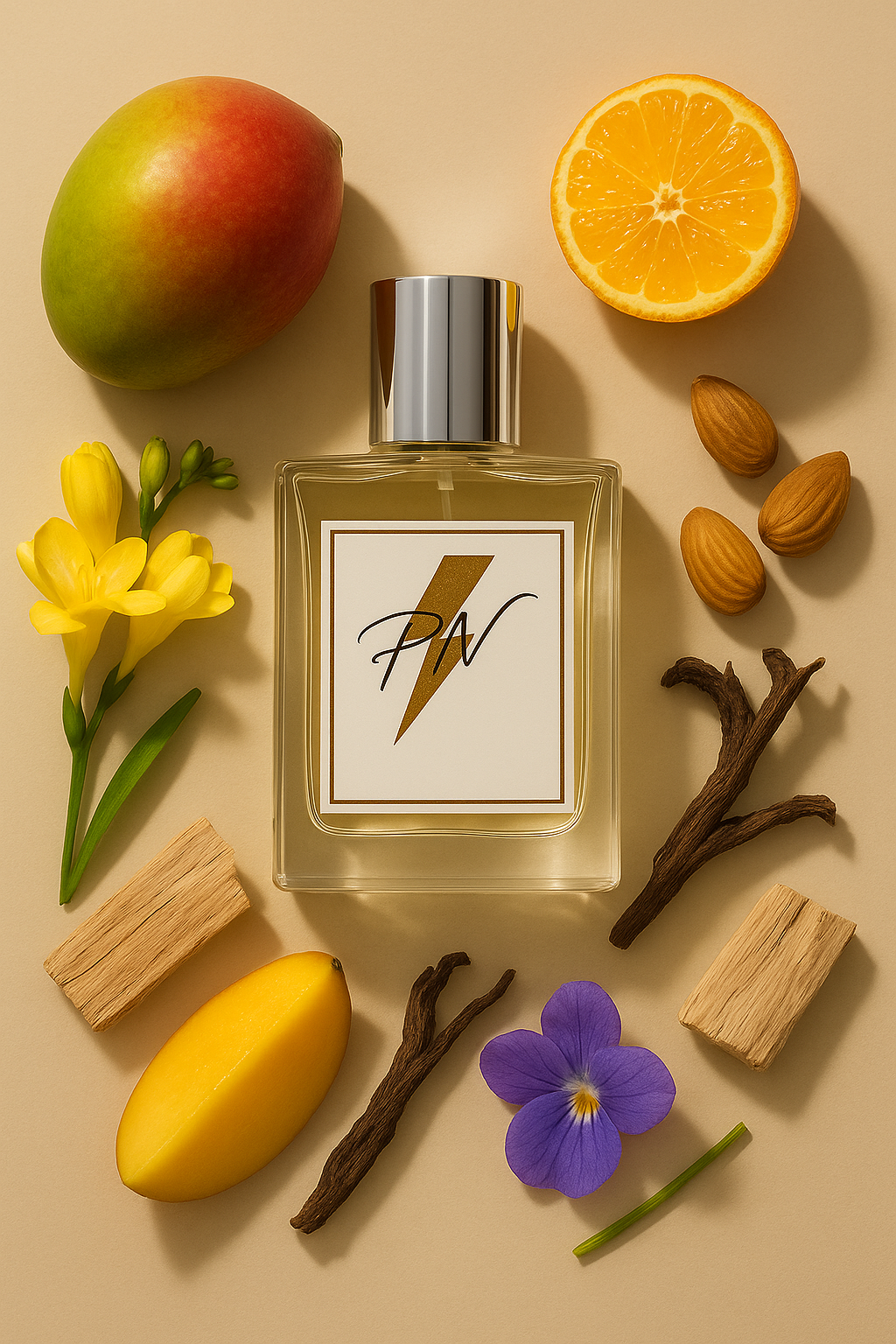 “Parfumnistisch Boss Woman (PN-W101) flacon omringd door geurnoten: mango, mandarijn, fresia, viooltjeswortel, witte ceder extract en sandelhout”