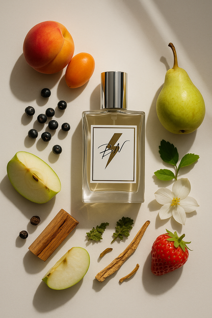 Parfumnistisch Burberry Women (PN-W003) flacon omringd door geurnoten: perzik, abrikoos, peer, zwarte bes, groene appel, sandelhout, jasmijn, mos, vanille, ceder en muskus”