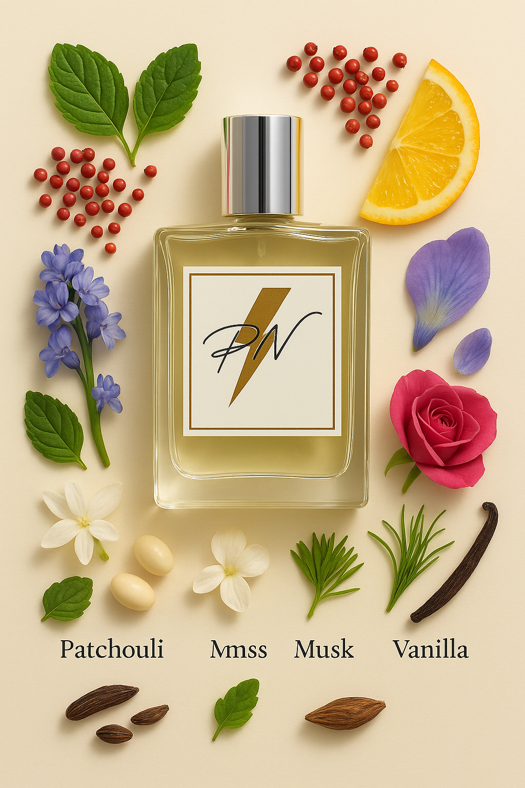 Parfumnistisch Chance Eau de Toilette (PN-W033) flacon omringd door geurnoten: patchouli, roze peper, ananas, hyacint, iris, citroen, jasmijn, roos, muskus, vetiver en vanille