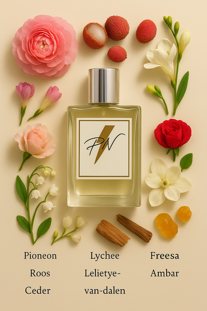 Parfumnistisch Chloé Eau de Parfum (PN-W038) flacon omringd door geurnoten: pioenroos, lychees, fresia, roos, lelietje-van-dalen, magnolia, ceder en amber