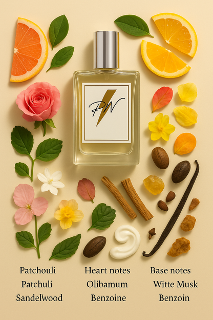 Parfumnistisch Coco Noir (PN-W036) flacon omringd door geurnoten: grapefruit, bergamot, sinaasappel, roos, geranium, jasmijn, narcis, perzik, patchouli, sandelhout, olibanum, tonkaboon, vanille, witte musk, kruidnagelen en benzoine