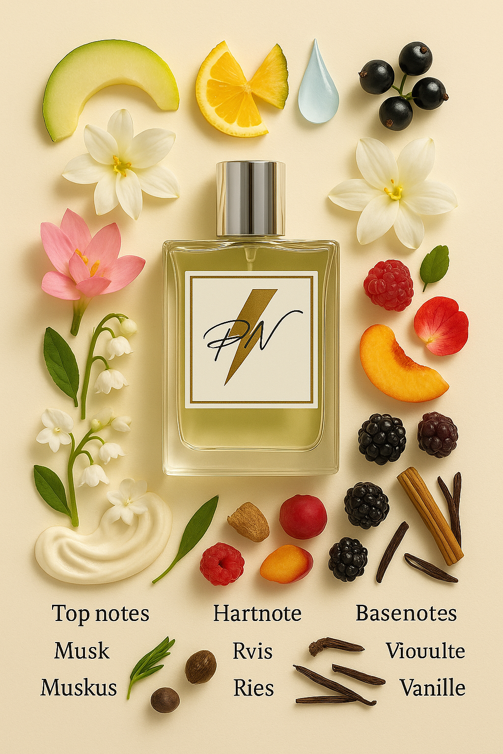 Parfumnistisch Cool Water (PN-W044) flacon omringd door geurnoten: meloen, lotus, citroen, ananas, kweepeer, calone, lelie, zwarte bes, waterlelie, jasmijn, honing, vetiver, framboos, perzik, bramen, sandelhout en vanille